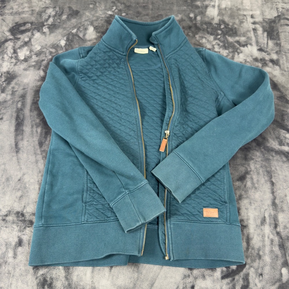 LL Bean Quilted Full Zip Sweatshirt Womens XS Teal Blue Mock Neck Jacket